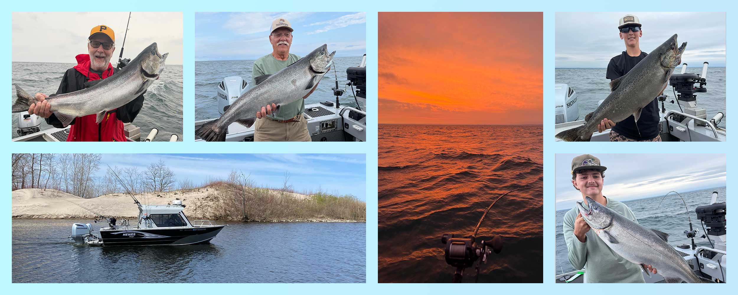 photo of the Hewes fishing boat going past sand dunes in Lake Ontario as well as photos of several fishermen holding salmon