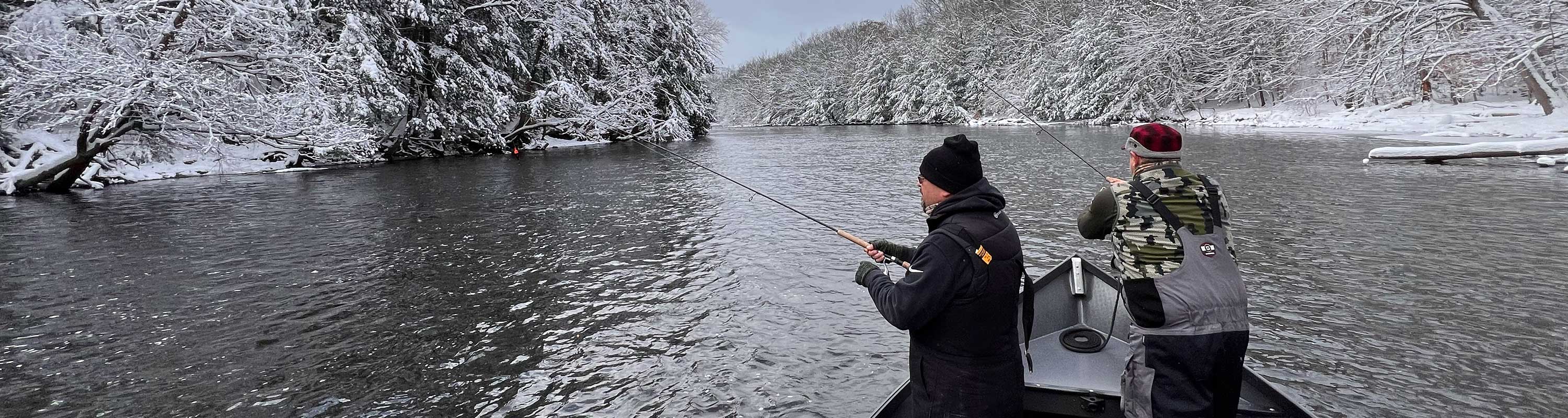 photo of a Driftwater Fishing driftboat in Salmon River in the winter