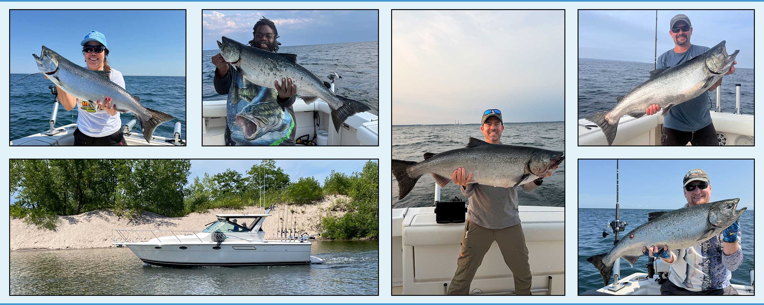 photo of the Tiara fishing boat going past sand dunes in Lake Ontario as well as photos of several fishermen holding lake trout